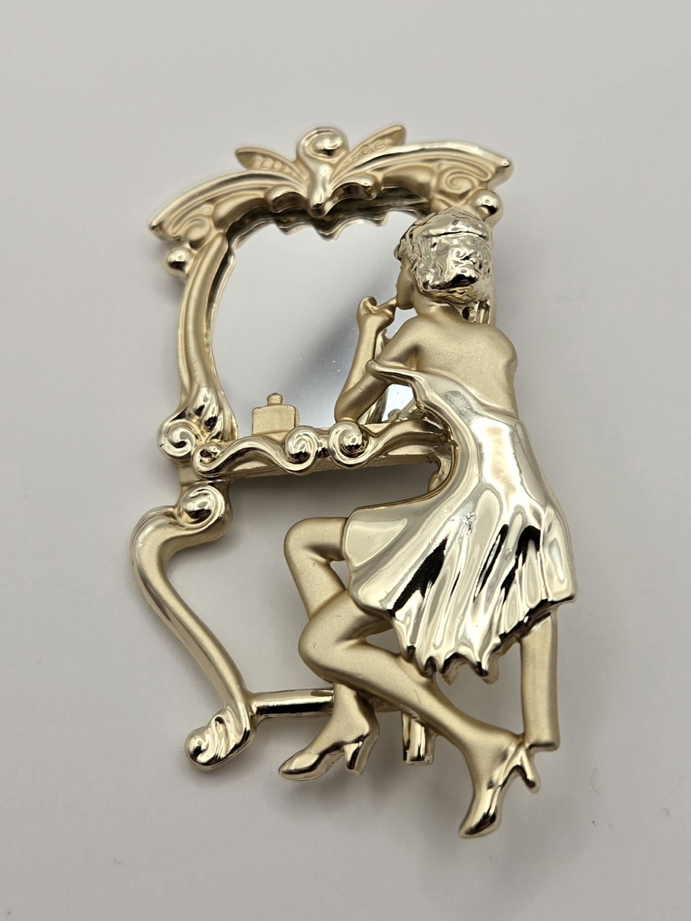 Vintage AJC Gold Tone Lady at Vanity Brooch – Figural Boudoir Pin